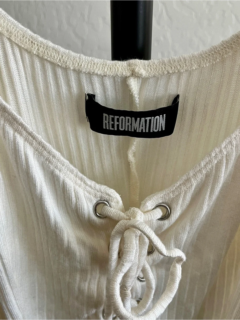 Reformation Cream Ribbed Lace-Up Puff Short Sleeve Top